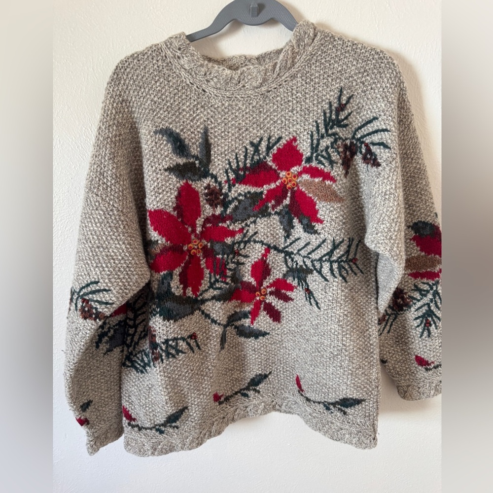 Woolrich VintageWomen's Floral Knit Wool Sweater - Gray and Red